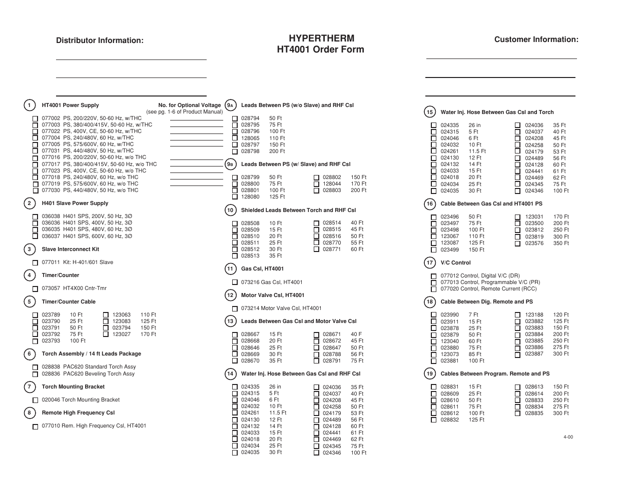 Hypertherm ht4001 order form, Customer information: distributor information | Hypertherm HT4001 User Manual | Page 58 / 59
