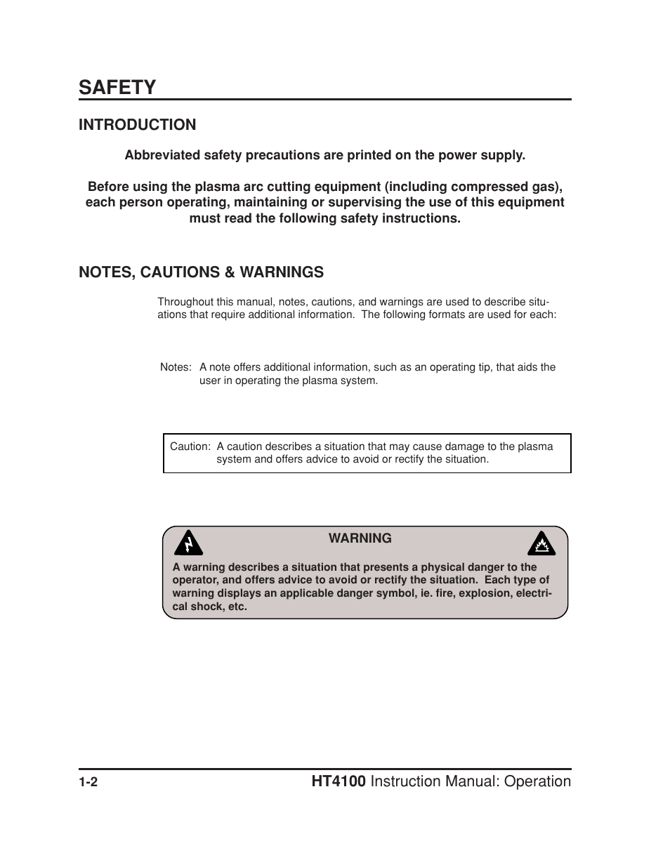 Introduction -2 notes, cautions & warnings -2, Safety | Hypertherm HT4100 Plasma Arc Cutting System Operating User Manual | Page 10 / 50