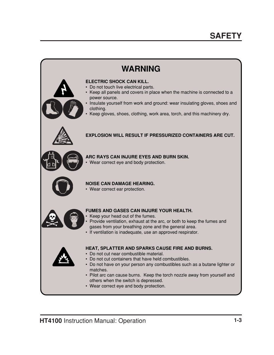 Safety, Warning, Ht4100 instruction manual: operation | Hypertherm HT4100 Plasma Arc Cutting System Operating User Manual | Page 11 / 50