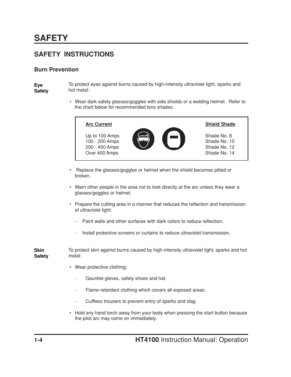 Safety instructions -4, Burn prevention -4, Safety | Hypertherm HT4100 Plasma Arc Cutting System Operating User Manual | Page 12 / 50