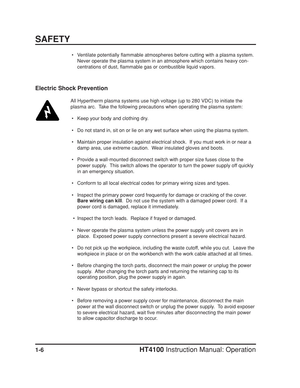 Electric shock prevention -6, Safety, Ht4100 instruction manual: operation | Hypertherm HT4100 Plasma Arc Cutting System Operating User Manual | Page 14 / 50