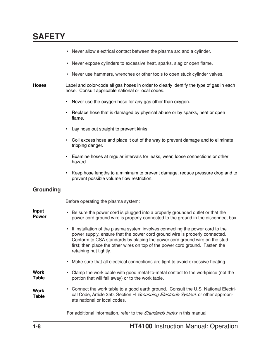 Grounding -8, Safety, Ht4100 instruction manual: operation | Hypertherm HT4100 Plasma Arc Cutting System Operating User Manual | Page 16 / 50