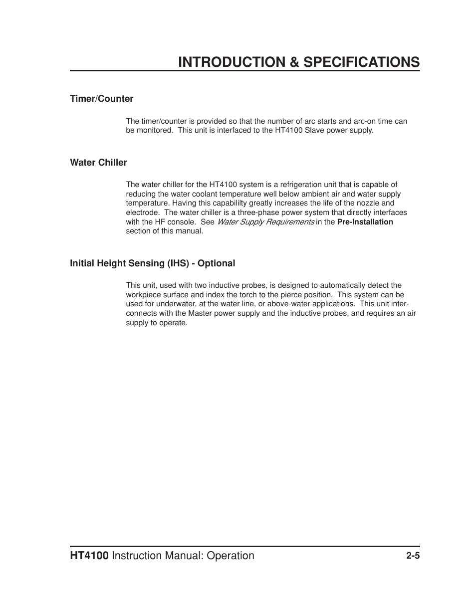 Water chiller -5 initial height sensing (ihs) -5, Introduction & specifications | Hypertherm HT4100 Plasma Arc Cutting System Operating User Manual | Page 22 / 50