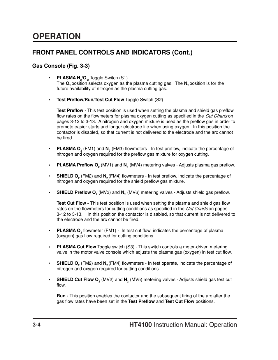 Gas console -4, Operation, Gas console (fig. 3-3) | Hypertherm HT4100 Plasma Arc Cutting System Operating User Manual | Page 30 / 50