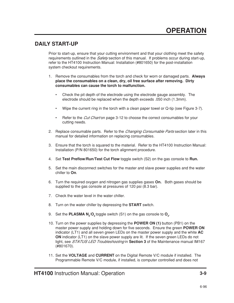 Daily start-up -9, Operation | Hypertherm HT4100 Plasma Arc Cutting System Operating User Manual | Page 37 / 50