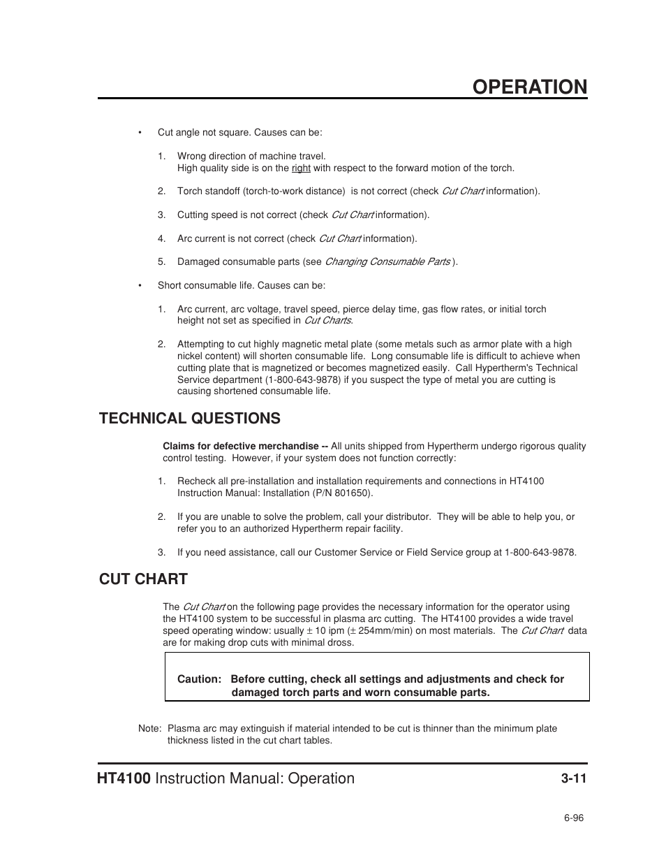 Technical questions -11 cut charts -11, Technical questions -11 cut chart -11, Operation | Ht4100 instruction manual: operation, Technical questions, Cut chart | Hypertherm HT4100 Plasma Arc Cutting System Operating User Manual | Page 39 / 50