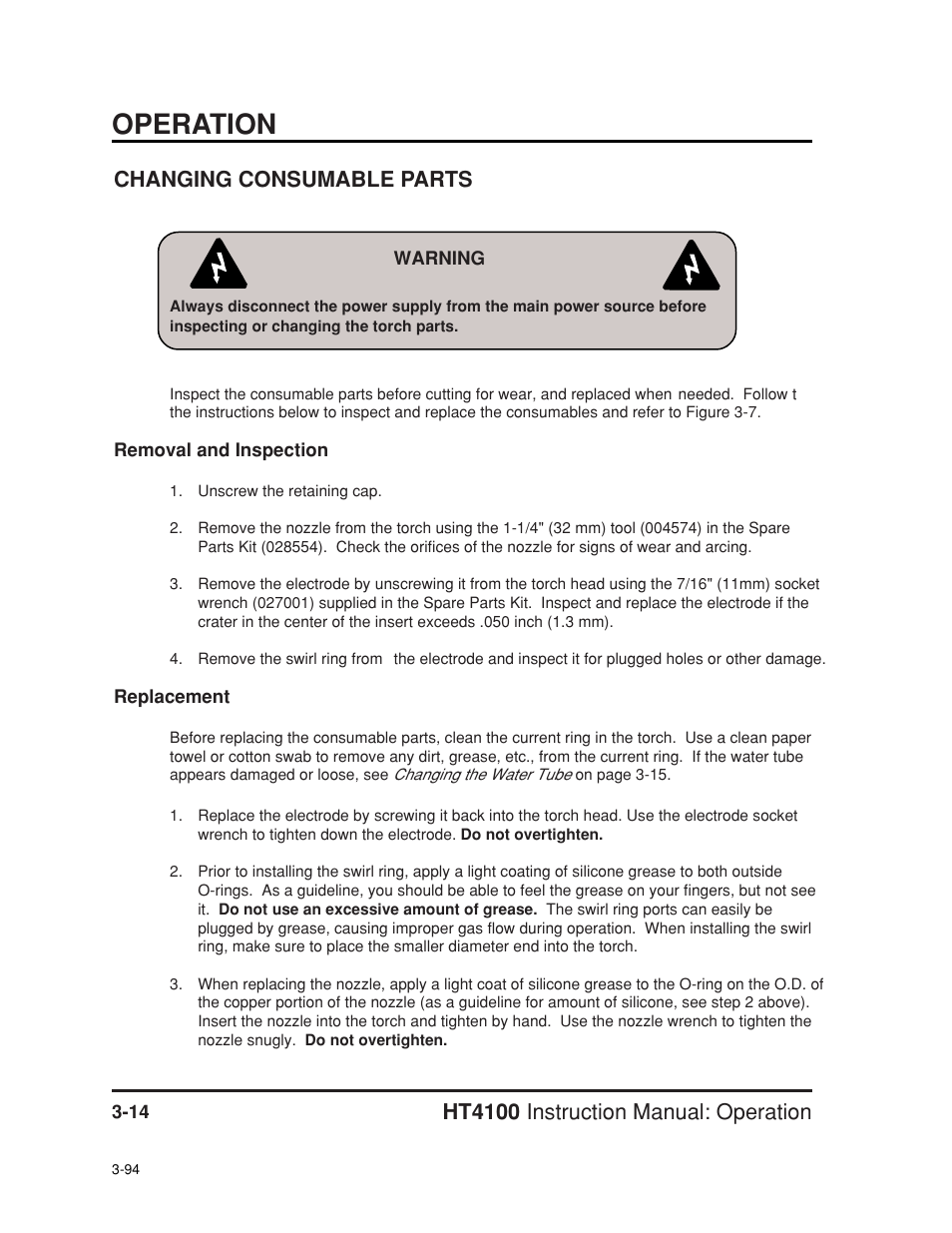 Changing consumable parts -14, Removal and inspection -14 replacement -14, Operation | Ht4100 instruction manual: operation, Changing consumable parts | Hypertherm HT4100 Plasma Arc Cutting System Operating User Manual | Page 41 / 50