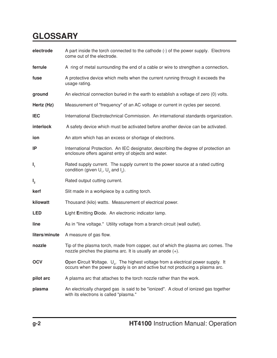 Glossary, Ht4100 instruction manual: operation | Hypertherm HT4100 Plasma Arc Cutting System Operating User Manual | Page 49 / 50