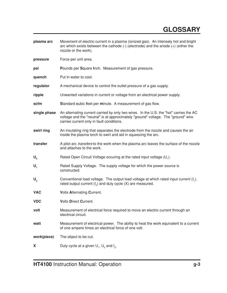Glossary, Ht4100 instruction manual: operation | Hypertherm HT4100 Plasma Arc Cutting System Operating User Manual | Page 50 / 50
