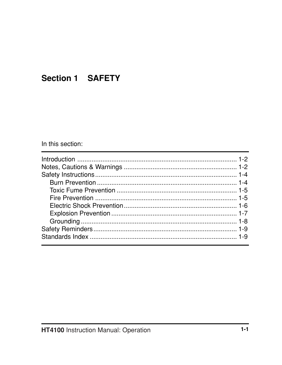 Section 1 safety, Section 1 safety -1 | Hypertherm HT4100 Plasma Arc Cutting System Operating User Manual | Page 9 / 50