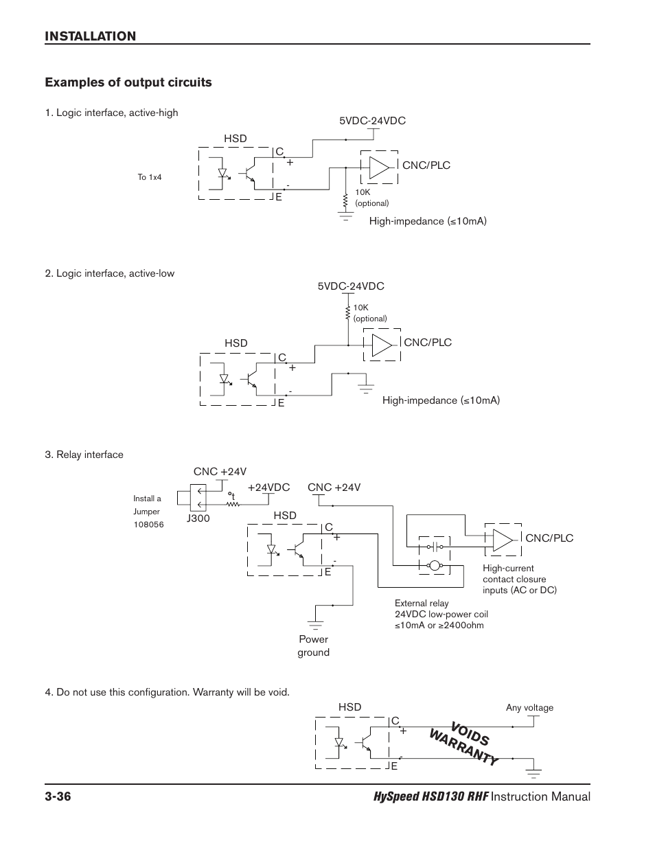 Torch alignment -19, Examples of output circuits -36 | Hypertherm HSD130 HySpeed Plasma User Manual | Page 104 / 233