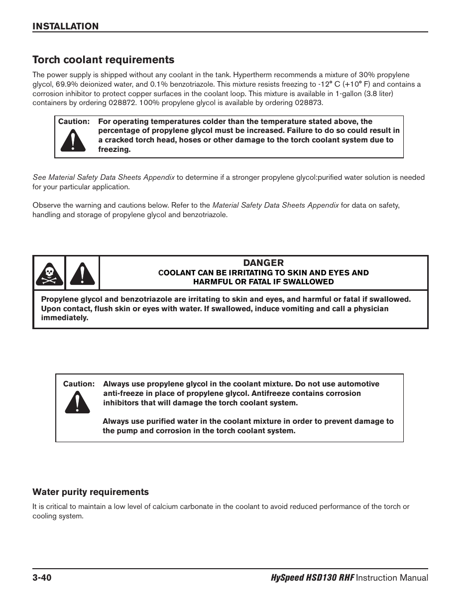 Power supply to ignition console leads -26, Ignition console power cable -28, Torch coolant requirements -40 | Water purity requirements -40, Torch coolant requirements | Hypertherm HSD130 HySpeed Plasma User Manual | Page 108 / 233