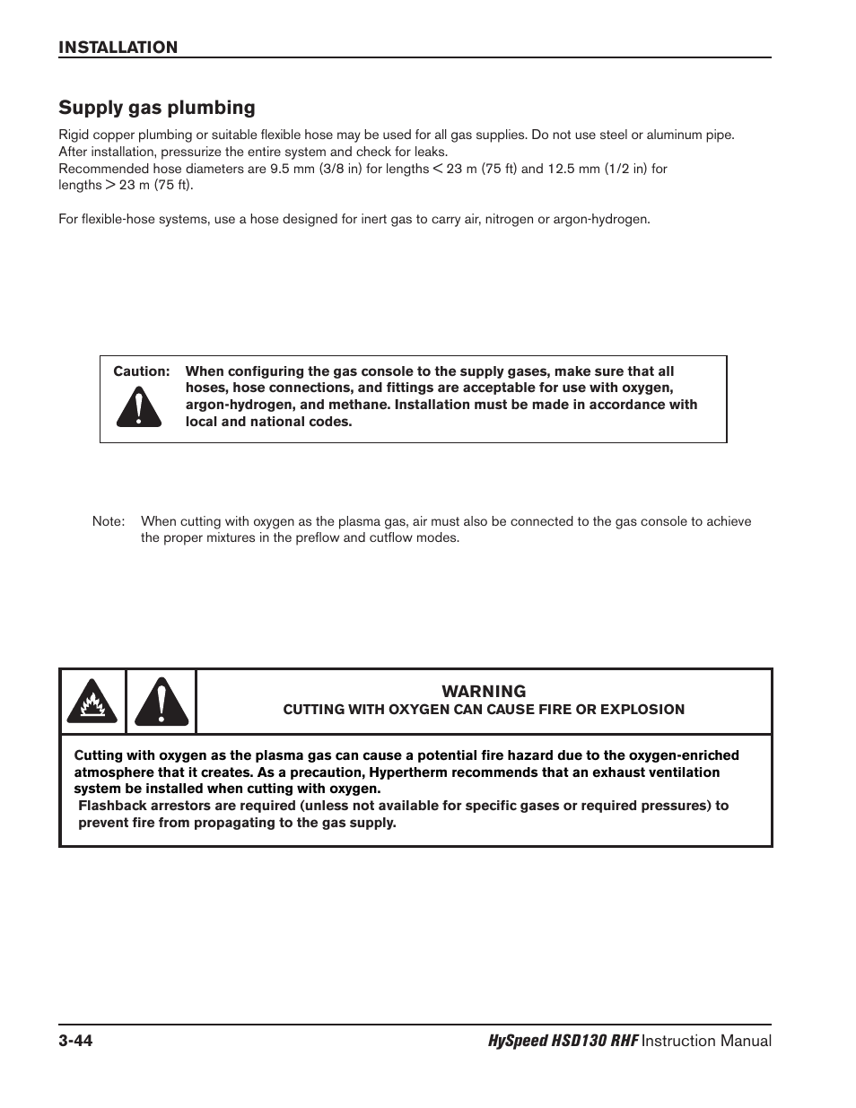 Arc voltage connection -35, Supply gas plumbing -44, Supply gas plumbing | Hypertherm HSD130 HySpeed Plasma User Manual | Page 112 / 233