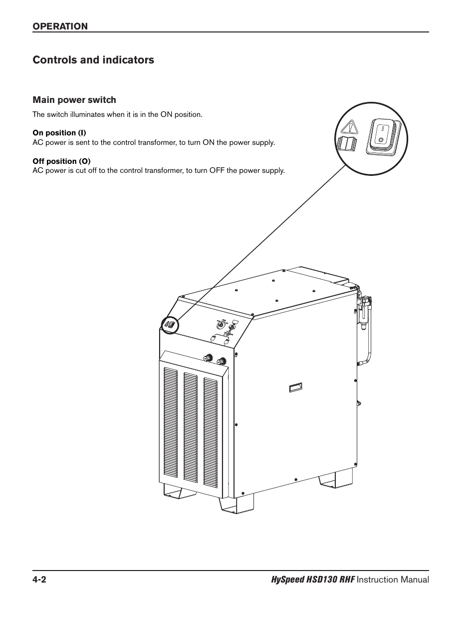 Line disconnect switch -42 power cable -42, Controls and indicators -2, Main power switch -2 | Controls and indicators | Hypertherm HSD130 HySpeed Plasma User Manual | Page 116 / 233