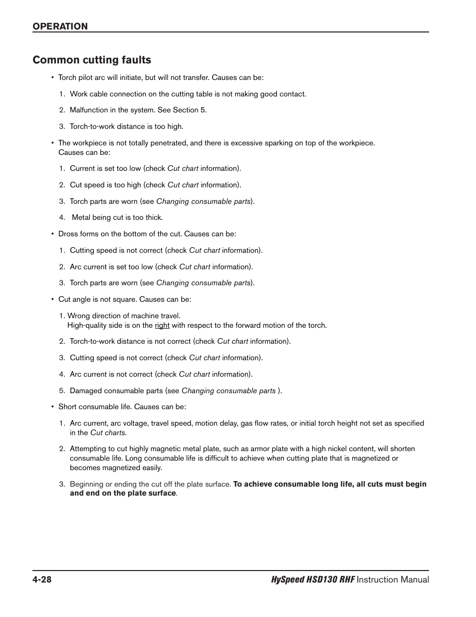 Controls and indicators -2, Common cutting faults -28, Common cutting faults | Hypertherm HSD130 HySpeed Plasma User Manual | Page 142 / 233