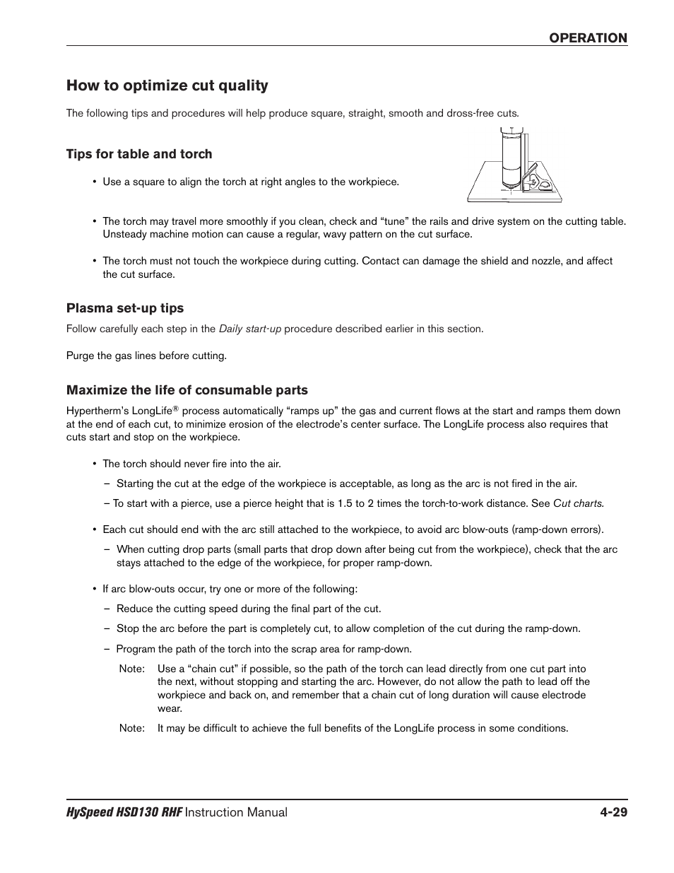 Main power switch -2, Daily start-up -3, Check torch -3 | System operation -4, How to optimize cut quality -29, Tips for table and torch -29, Plasma set-up tips -29, Maximize the life of consumable parts -29, How to optimize cut quality | Hypertherm HSD130 HySpeed Plasma User Manual | Page 143 / 233
