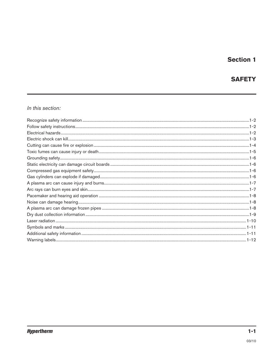 Section 1 safety, Section 1 safety -1 | Hypertherm HSD130 HySpeed Plasma User Manual | Page 15 / 233