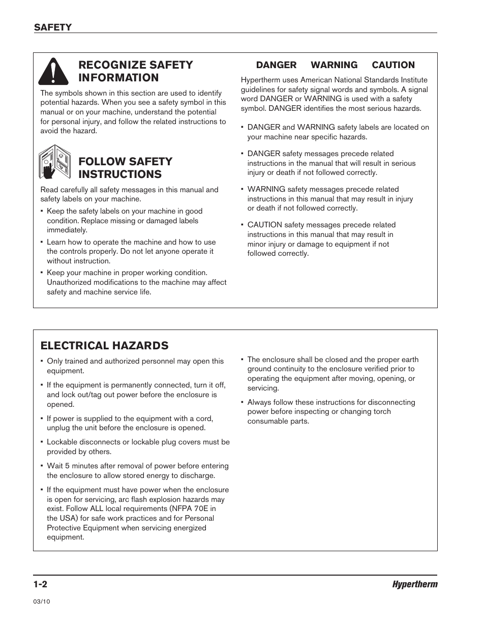 Recognize safety information, Follow safety instructions, Electrical hazards | Hypertherm HSD130 HySpeed Plasma User Manual | Page 16 / 233