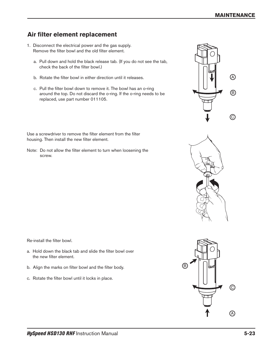 Systems without a fuel-gas console -6, Air filter replacement -23, Air filter element replacement | Hypertherm HSD130 HySpeed Plasma User Manual | Page 169 / 233
