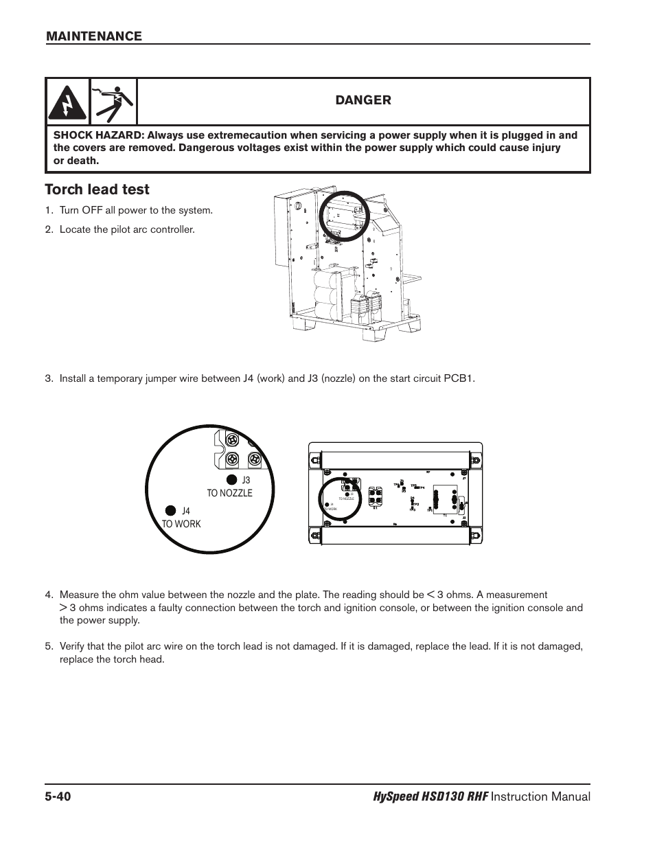 Automated diagnostic tests -22, Torch lead test -40, Torch lead test | Danger | Hypertherm HSD130 HySpeed Plasma User Manual | Page 186 / 233