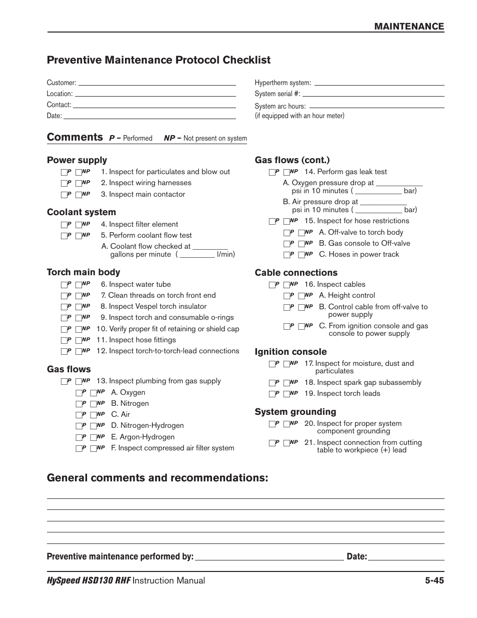 Preventive maintenance protocol checklist, Comments, General comments and recommendations | Cable connections, Ignition console, System grounding, Power supply, Coolant system, Torch main body, Gas flows | Hypertherm HSD130 HySpeed Plasma User Manual | Page 191 / 233