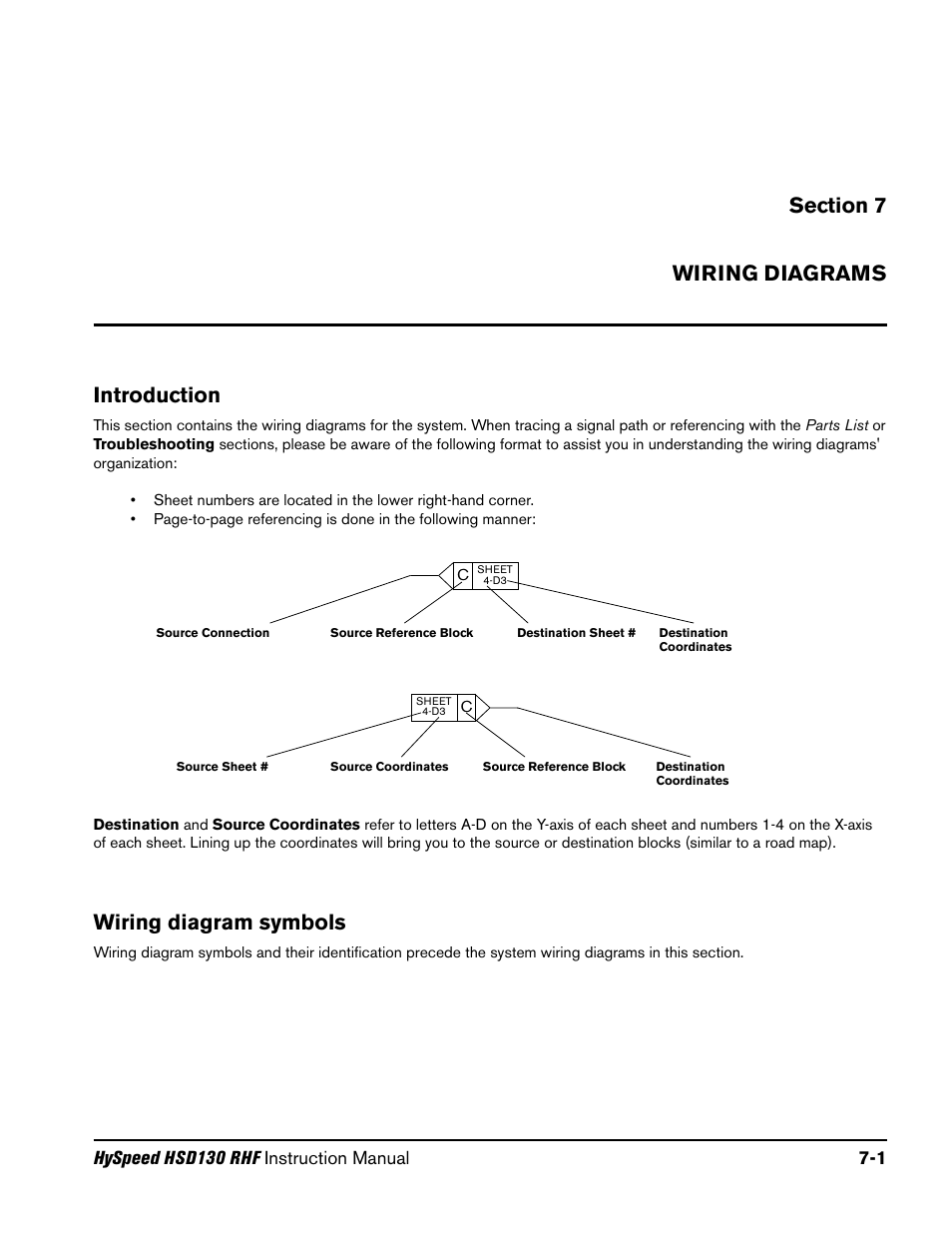 Section 7 wiring diagrams, Pilot arc current levels -34, Pcb2: fuel-gas console control board -35 | Wiring diagram symbols | Hypertherm HSD130 HySpeed Plasma User Manual | Page 209 / 233
