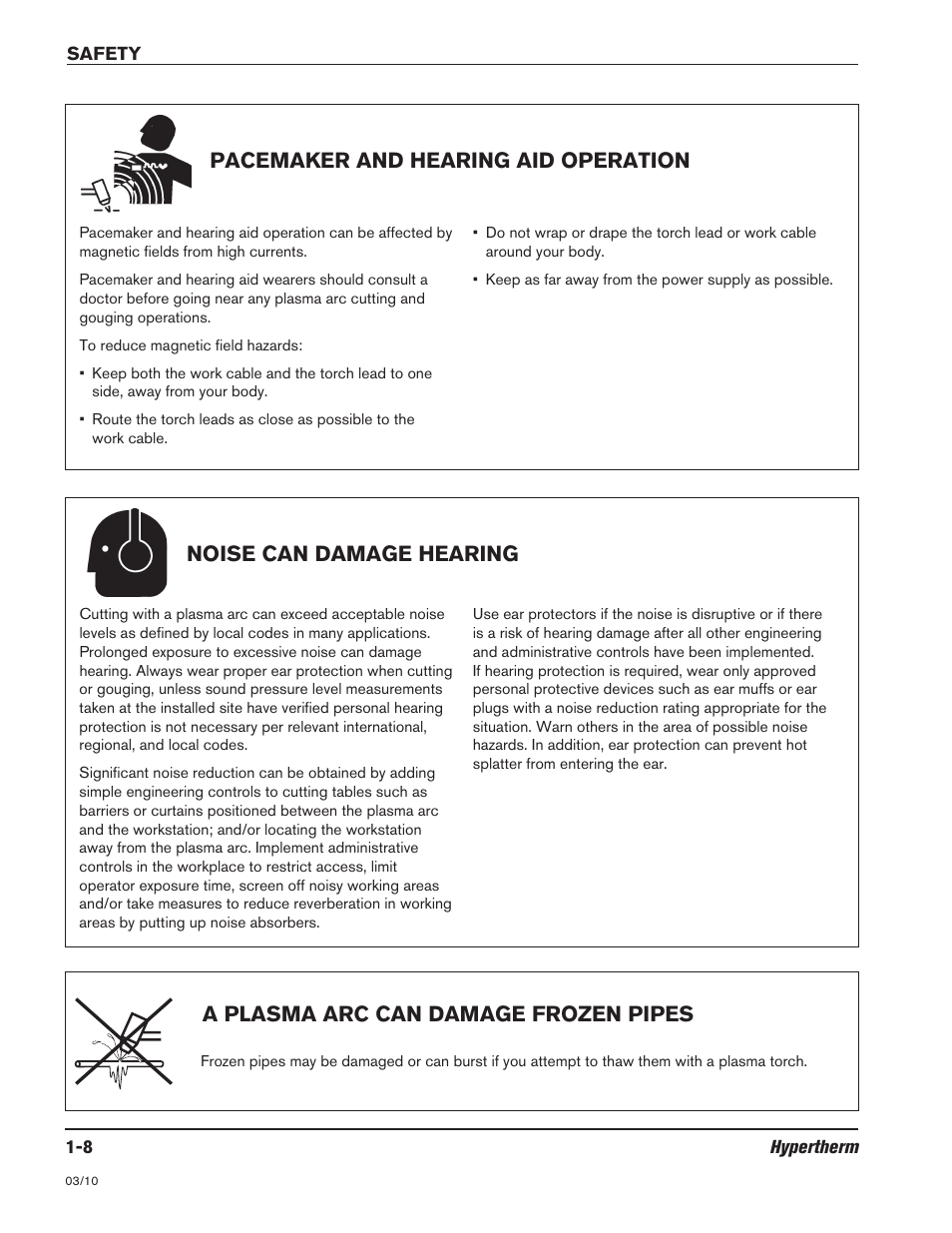 Noise can damage hearing, Pacemaker and hearing aid operation, A plasma arc can damage frozen pipes | Hypertherm HSD130 HySpeed Plasma User Manual | Page 22 / 233