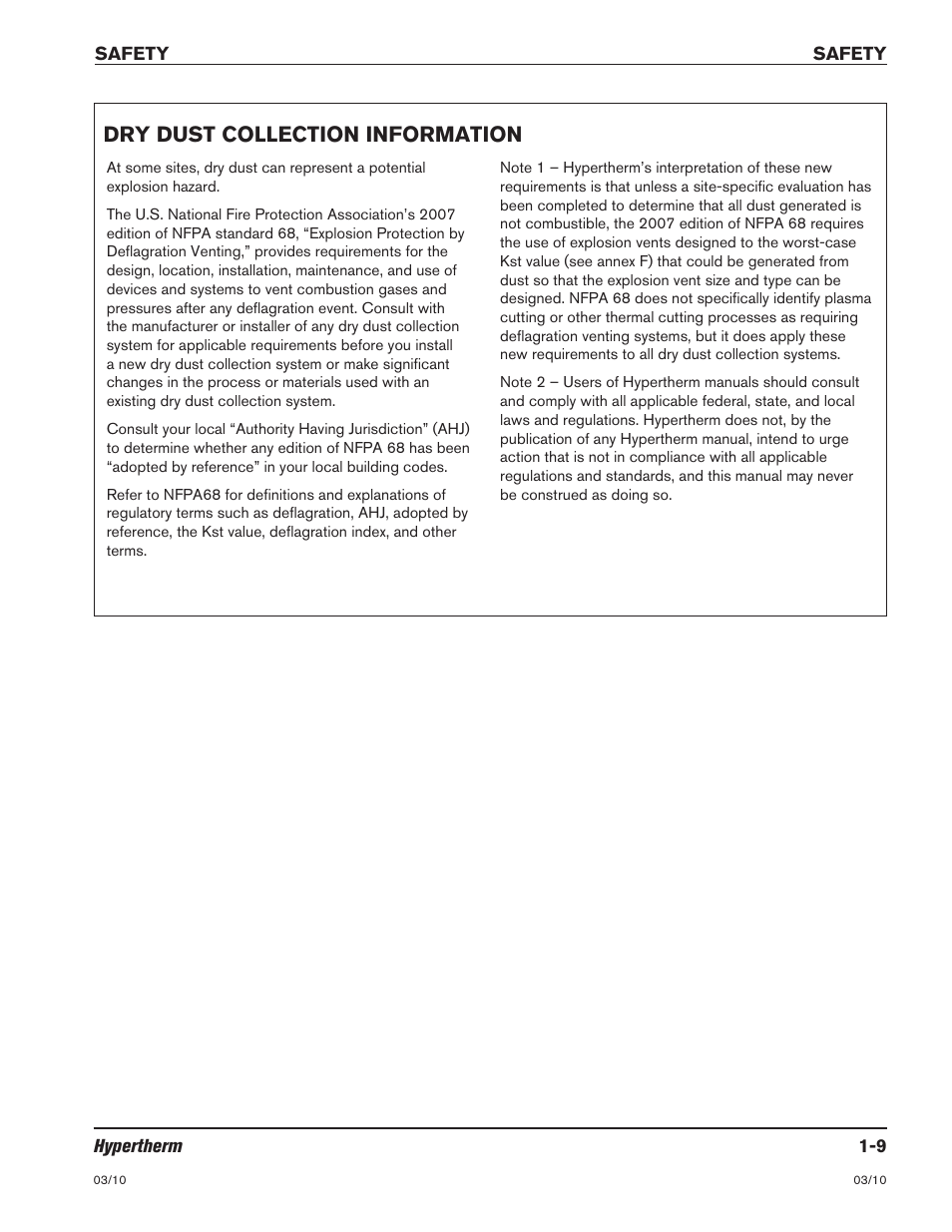 Laser radiation -10, Dry dust collection information -9, Dry dust collection information | Hypertherm HSD130 HySpeed Plasma User Manual | Page 23 / 233