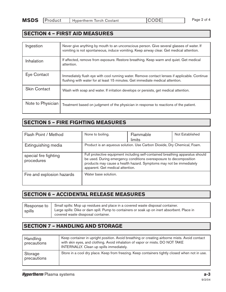 Section 4, Section 5, Section 6 | Section 7 | Hypertherm HSD130 HySpeed Plasma User Manual | Page 230 / 233