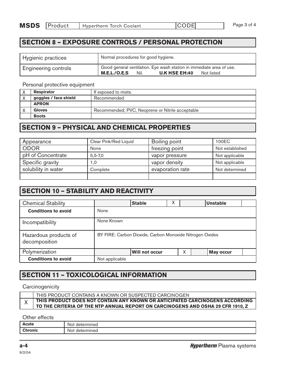 Fuel-gas console -9 off-valve (standard) -10, Off-valve (fuel-gas) -10, Section 8 | Section 9, Section 10, Section 11, Msds | Hypertherm HSD130 HySpeed Plasma User Manual | Page 231 / 233