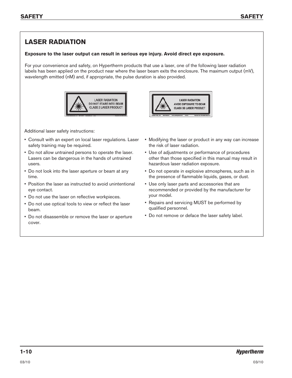 Symbols and marks -11, Laser radiation -10, Laser radiation | Hypertherm HSD130 HySpeed Plasma User Manual | Page 24 / 233