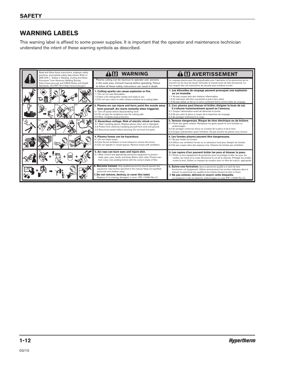 Warning labels -12, Warning labels, 12 hypertherm safety | Warning, Avertissement | Hypertherm HSD130 HySpeed Plasma User Manual | Page 26 / 233