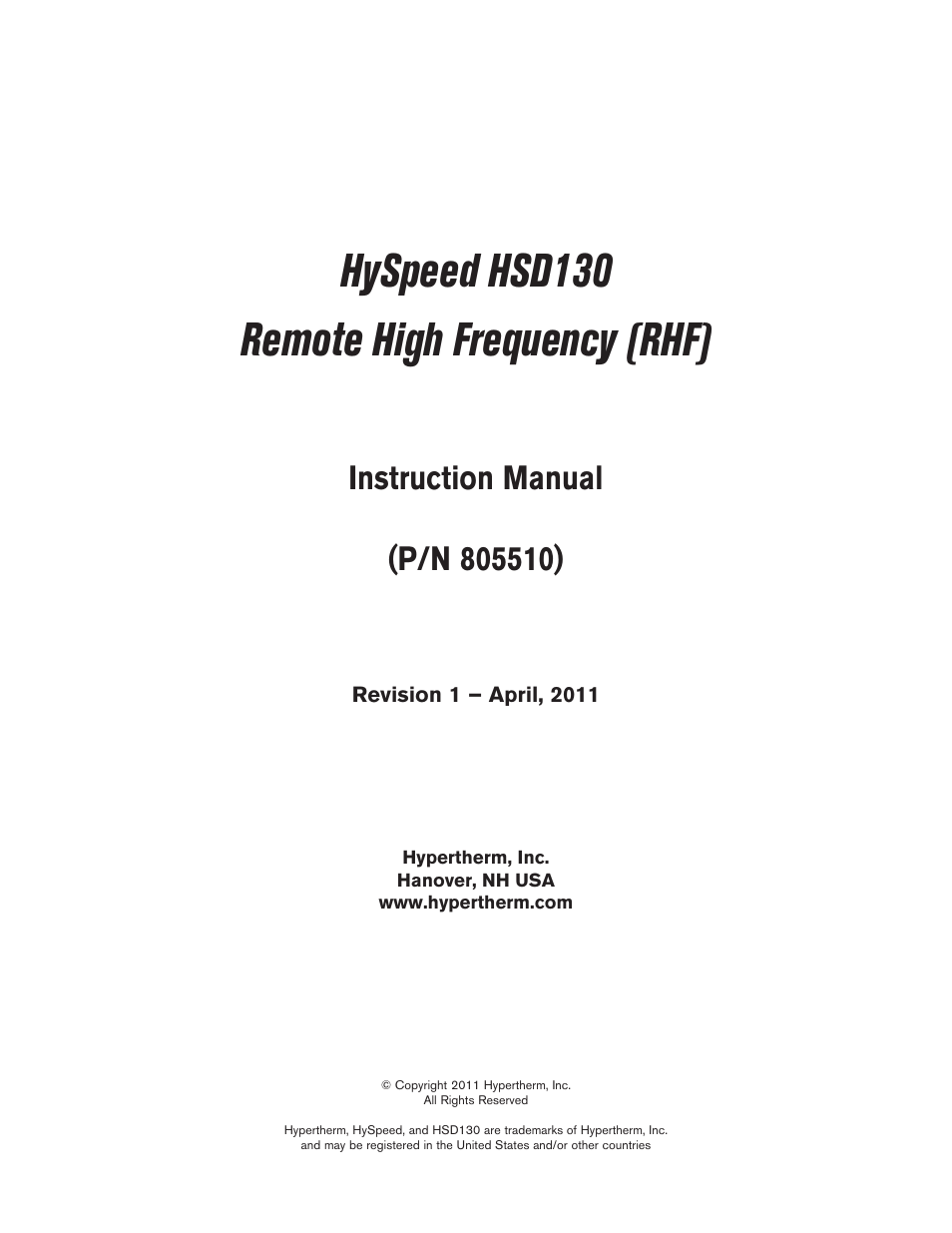 Hyspeed hsd130 remote high frequency (rhf) | Hypertherm HSD130 HySpeed Plasma User Manual | Page 3 / 233