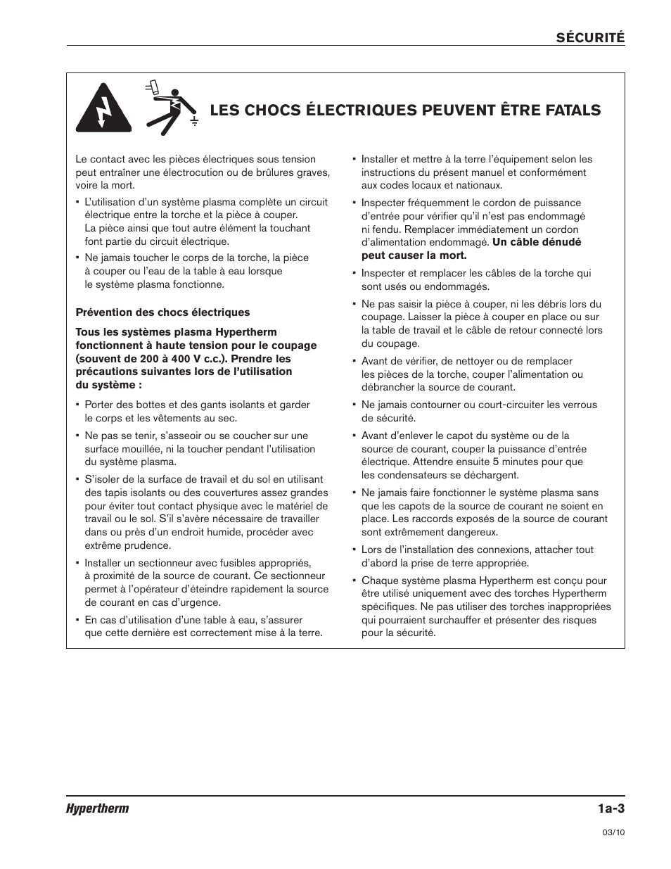 Les chocs électriques peuvent être fatals -3, Les chocs électriques peuvent être fatals | Hypertherm HSD130 HySpeed Plasma User Manual | Page 31 / 233