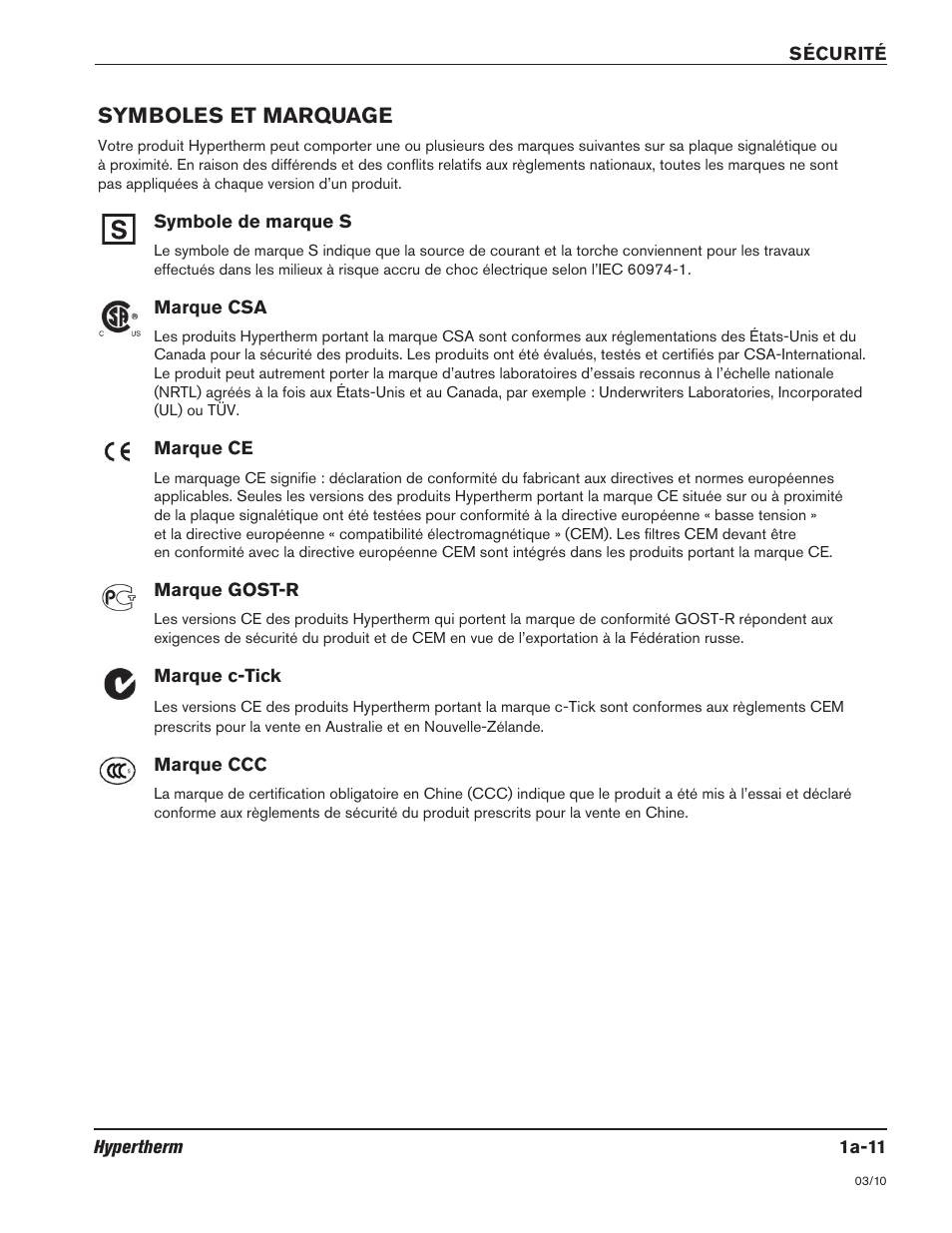 Symboles et marquage -11, Symboles et marquage | Hypertherm HSD130 HySpeed Plasma User Manual | Page 39 / 233