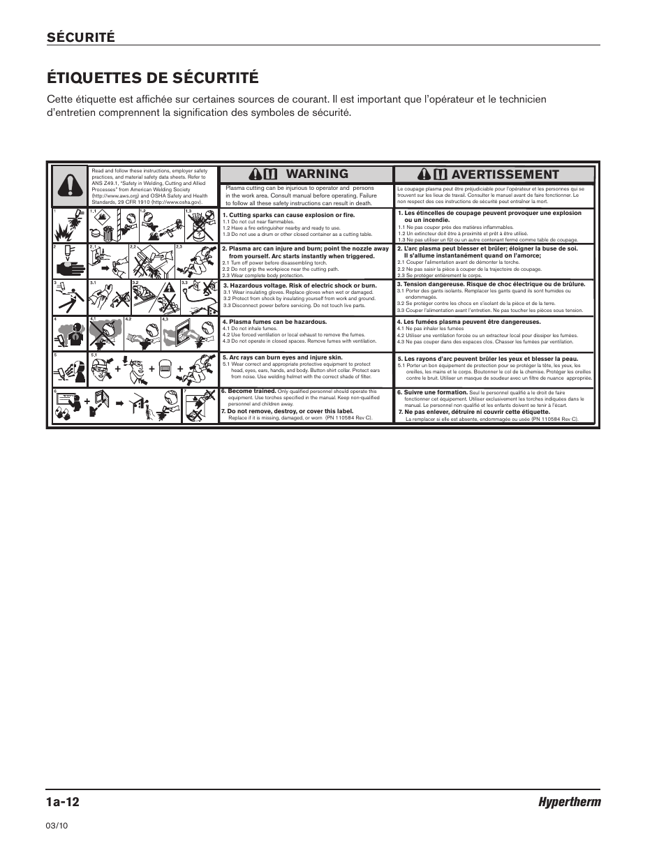 Étiquettes de sécurité -12, Étiquettes de sécurtité, 1a-12 hypertherm sécurité | Warning, Avertissement | Hypertherm HSD130 HySpeed Plasma User Manual | Page 40 / 233