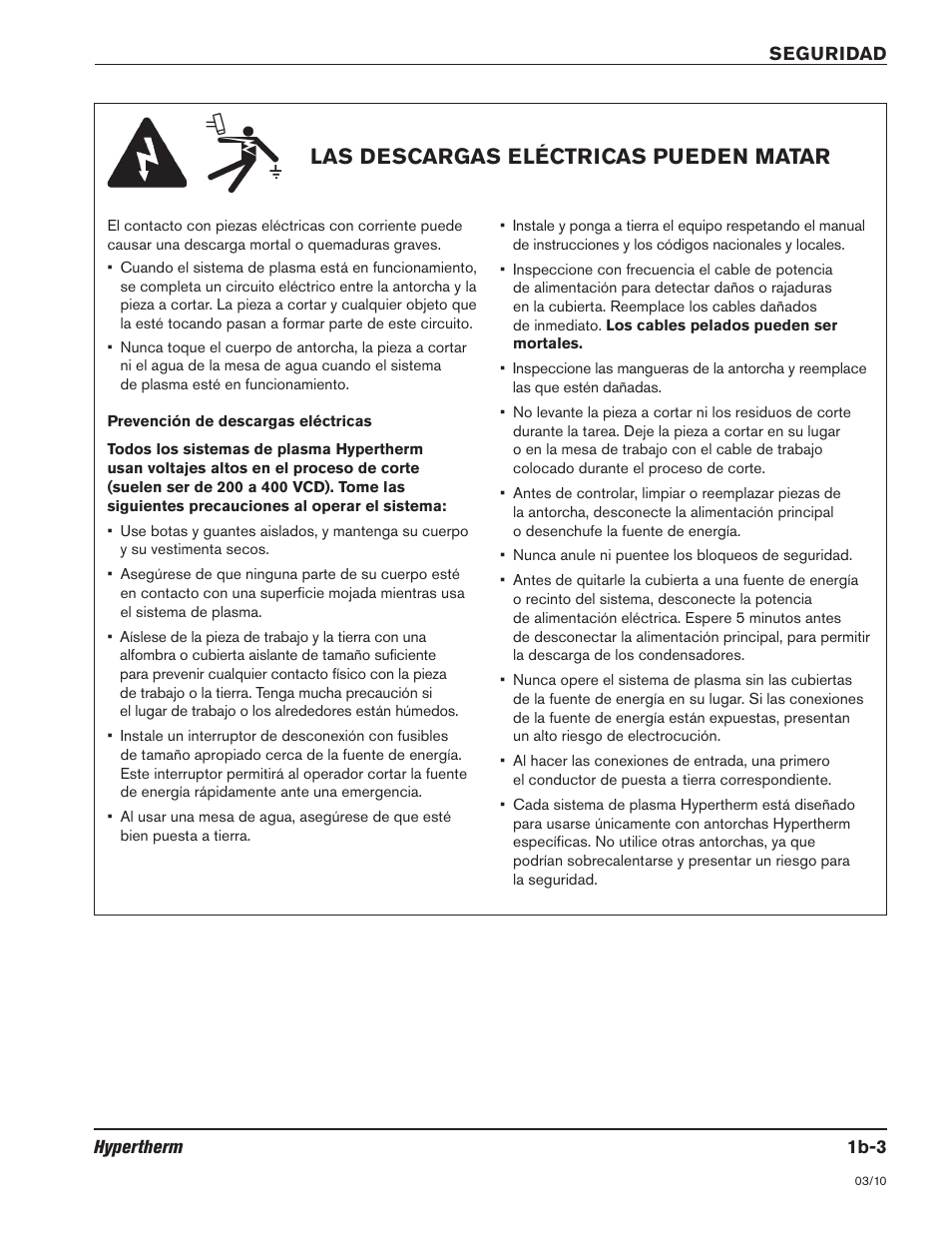 Las descargas eléctricas pueden matar -3, Las descargas eléctricas pueden matar | Hypertherm HSD130 HySpeed Plasma User Manual | Page 45 / 233