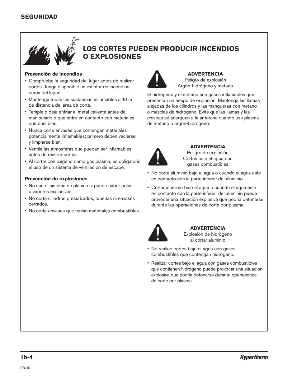 Los cortes pueden producir incendios o explosiones | Hypertherm HSD130 HySpeed Plasma User Manual | Page 46 / 233