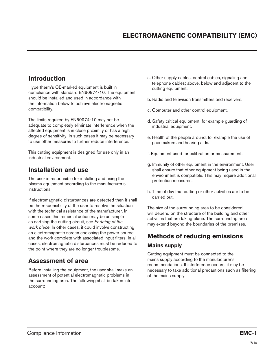 Electromagnetic compatibility (emc), Electromagnetic compatibility (emc) introduction, Installation and use | Assessment of area, Methods of reducing emissions | Hypertherm HSD130 HySpeed Plasma User Manual | Page 5 / 233