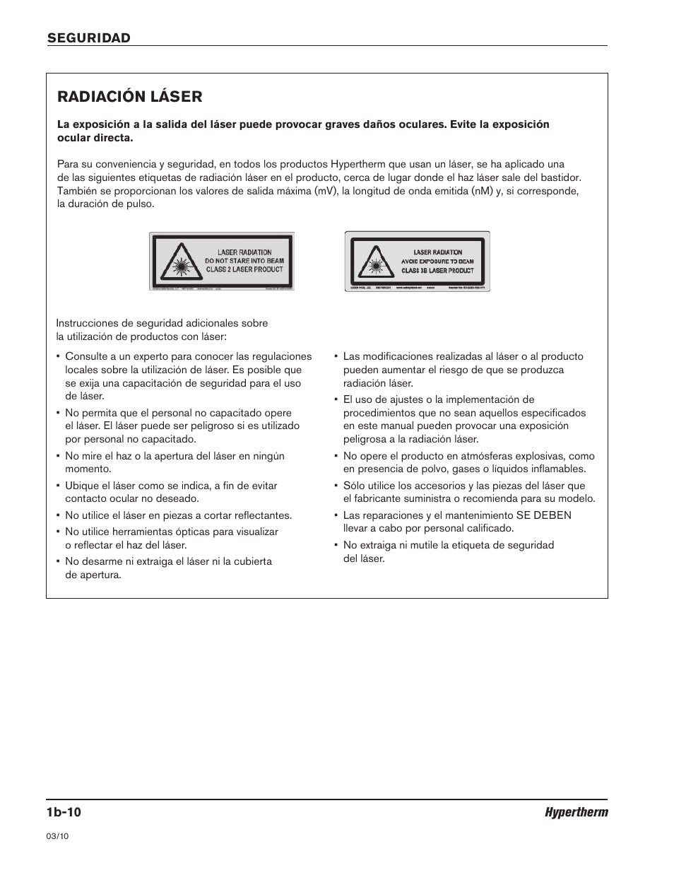 Radiación láser -10, Radiación láser | Hypertherm HSD130 HySpeed Plasma User Manual | Page 52 / 233