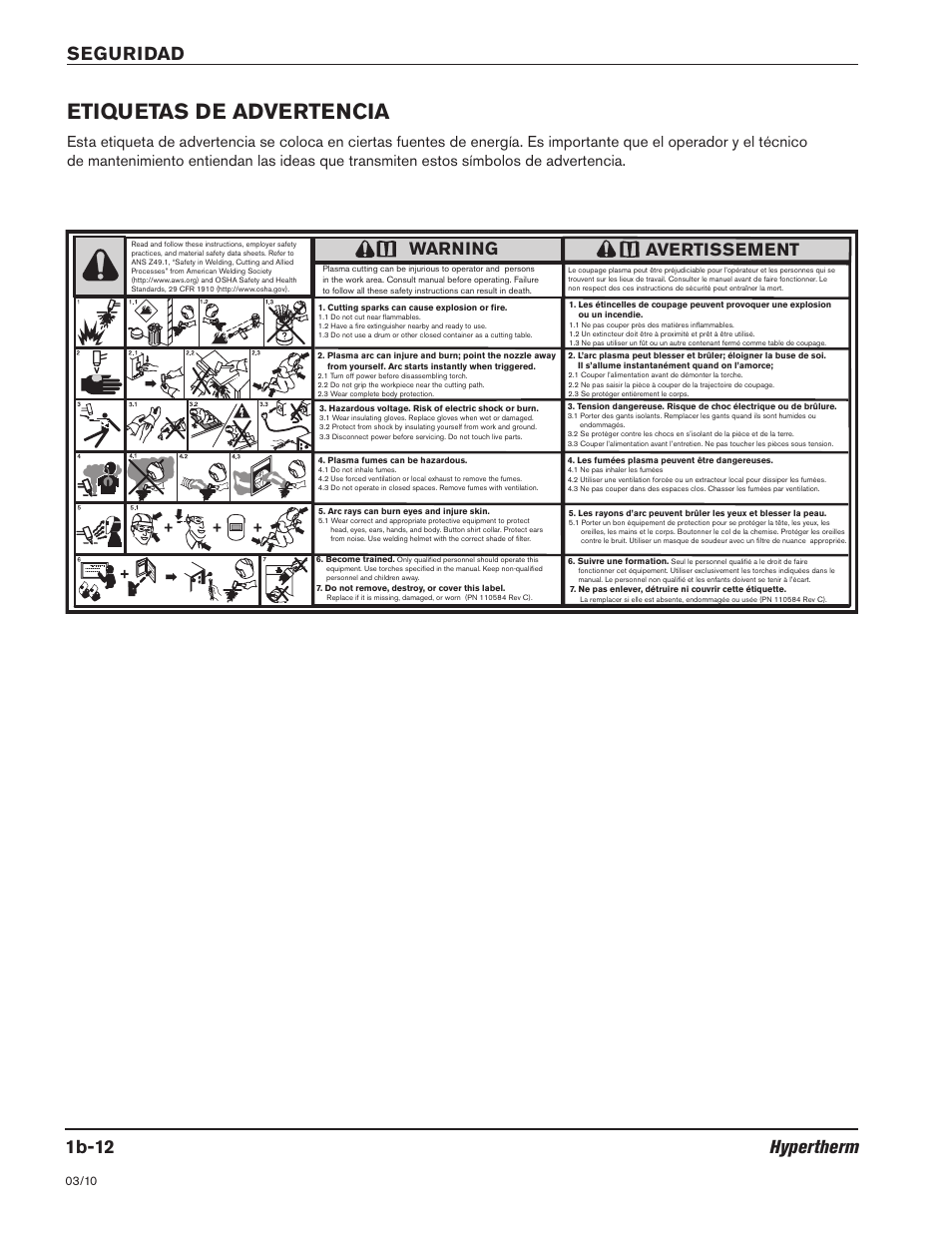 Etiquetas de advertencia -12, Etiquetas de advertencia, 1b-12 hypertherm seguridad | Warning, Avertissement | Hypertherm HSD130 HySpeed Plasma User Manual | Page 54 / 233