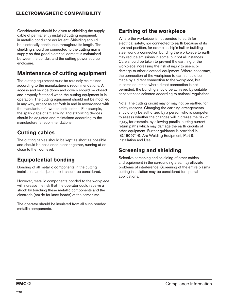 Maintenance of cutting equipment, Cutting cables, Equipotential bonding | Earthing of the workpiece, Screening and shielding | Hypertherm HSD130 HySpeed Plasma User Manual | Page 6 / 233