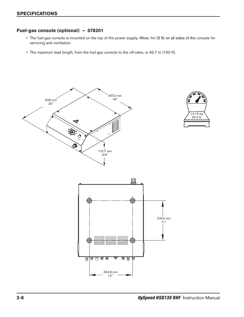 Section 2 specifications -1, Fuel-gas console — 078201 -8 | Hypertherm HSD130 HySpeed Plasma User Manual | Page 64 / 233