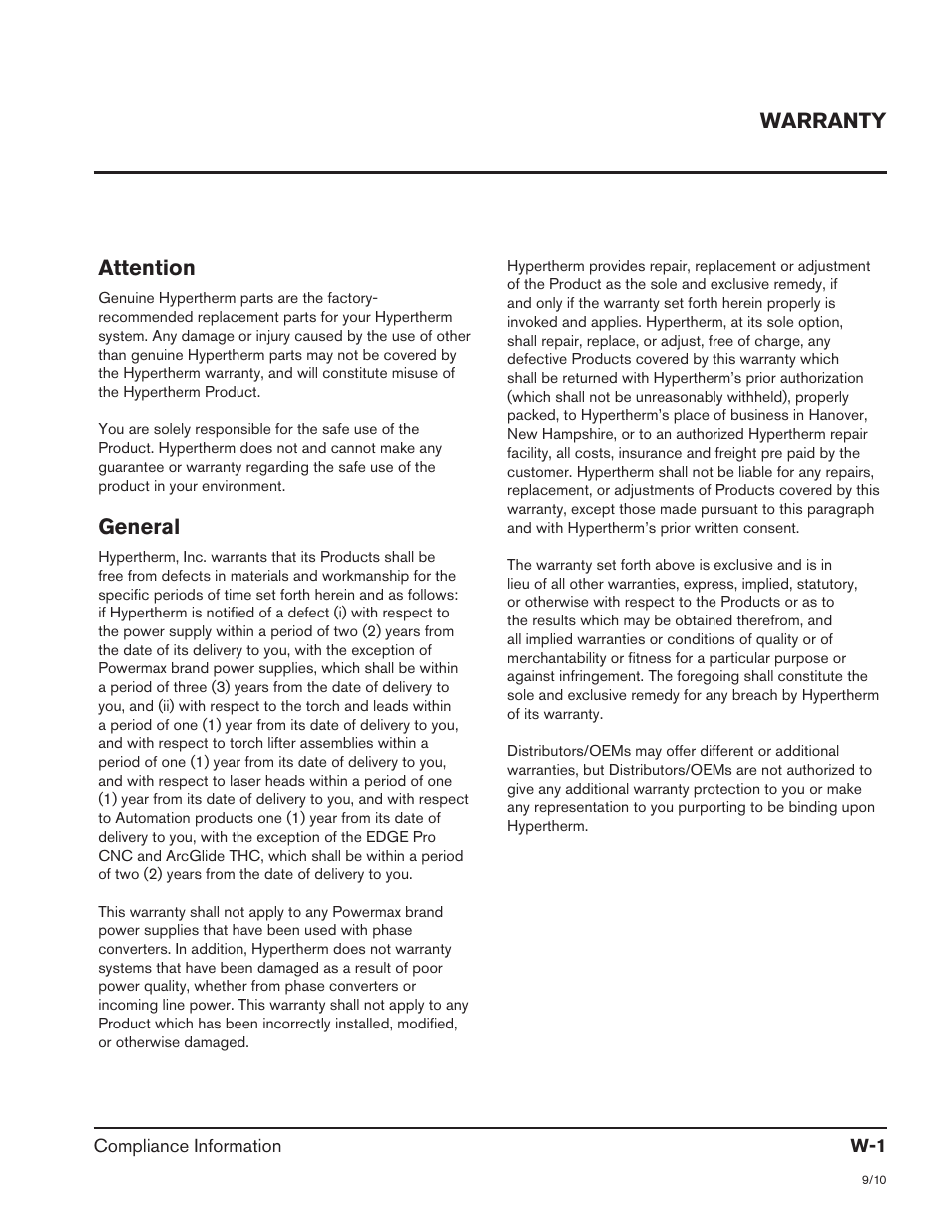 Warranty, Attention, General | Hypertherm HSD130 HySpeed Plasma User Manual | Page 7 / 233