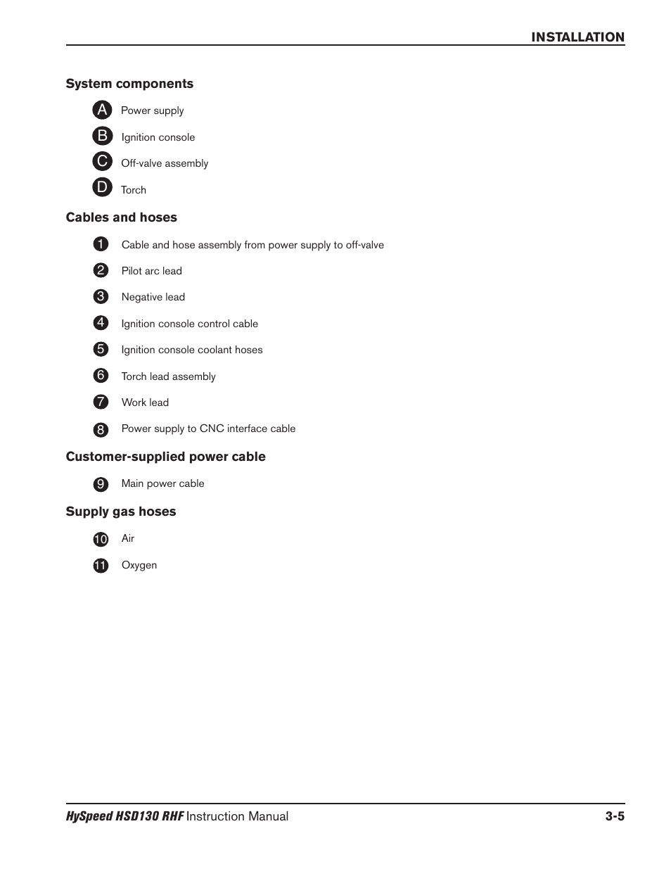 System components -5, Cables and hoses -5, Customer-supplied power cable -5 | Supply gas hoses -5, Dc b a | Hypertherm HSD130 HySpeed Plasma User Manual | Page 73 / 233