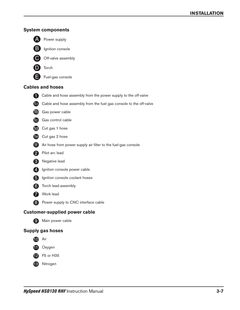 Torch – 228144 -12, Section 3 installation -1 upon receipt -3, System components -7 | Cables and hoses -7, Customer-supplied power cable -7, Supply gas hoses -7, Ed c b a | Hypertherm HSD130 HySpeed Plasma User Manual | Page 75 / 233
