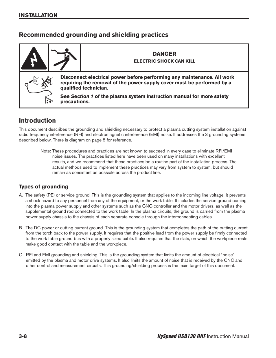 Recommended grounding and shielding practices -8, Introduction -8, Types of grounding -8 | Hypertherm HSD130 HySpeed Plasma User Manual | Page 76 / 233