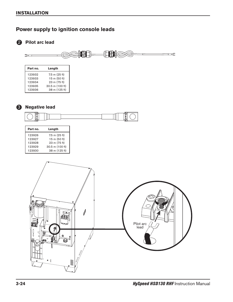 Introduction -10, Power supply to ignition console leads -24, Power supply to ignition console leads | Pilot arc lead 2 negative lead 3 | Hypertherm HSD130 HySpeed Plasma User Manual | Page 92 / 233