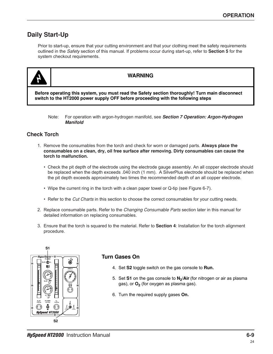 Daily start-up, Check torch, Warning | Turn gases on, Air (for nitrogen or air as plasma gas), or o | Hypertherm HT2000-200 Volt User Manual | Page 104 / 289