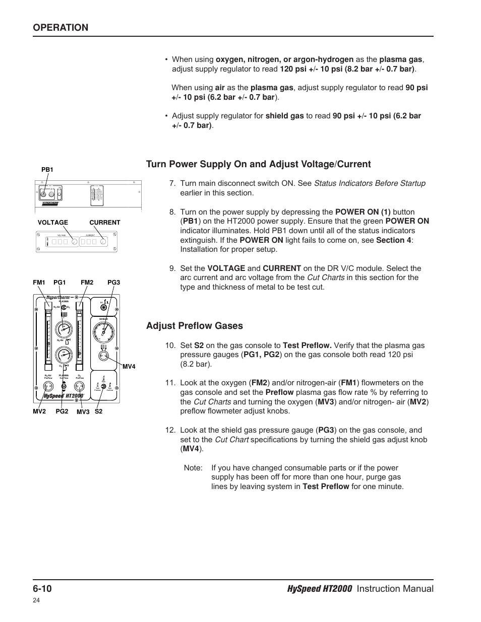 Turn power supply on and adjust voltage/current, Adjust preflow gases | Hypertherm HT2000-200 Volt User Manual | Page 105 / 289